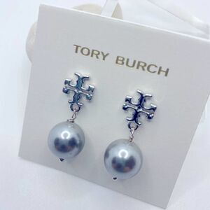 NWOT Tory Burch Silver Logo T Pearl Stud Dangle Earrings